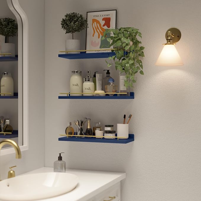 WOPITUES Floating Shelves with Gold Metal Guardrail, Shelves for Wall Decor Set of 3, Wall Shelves for Bedroom, Bathroom, Kitchen, Living Room, Plants, Picture Frames, Art- Gold in Navy Blue