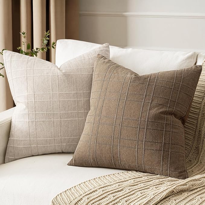 MIULEE Decorative Linen Check Throw Pillow Covers Neutral Farmhouse Vintage Pillow Covers 16x16 Set of 2 Boho Modern Winter Home Decor for Sofa Couch Bedroom Cushion Light Brown