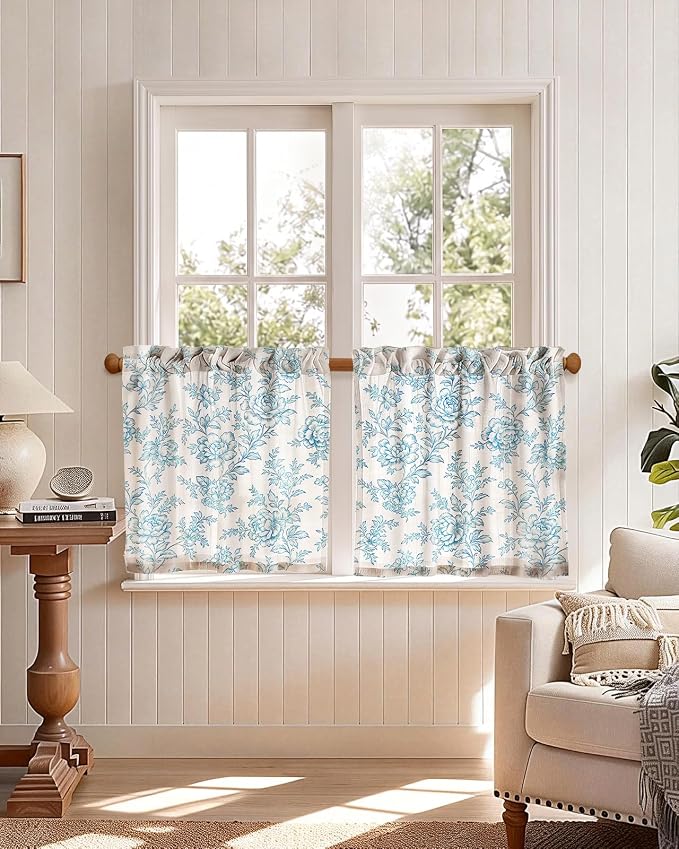 Miss Adola Farmhouse Kitchen Tier Curtains - 24 Inch Length Linen Blend Cafe Curtains Blue Floral Small Window Treatments Over Sink Rod Pocket for Bathroom Living Room Light Filtering, 2 Panels