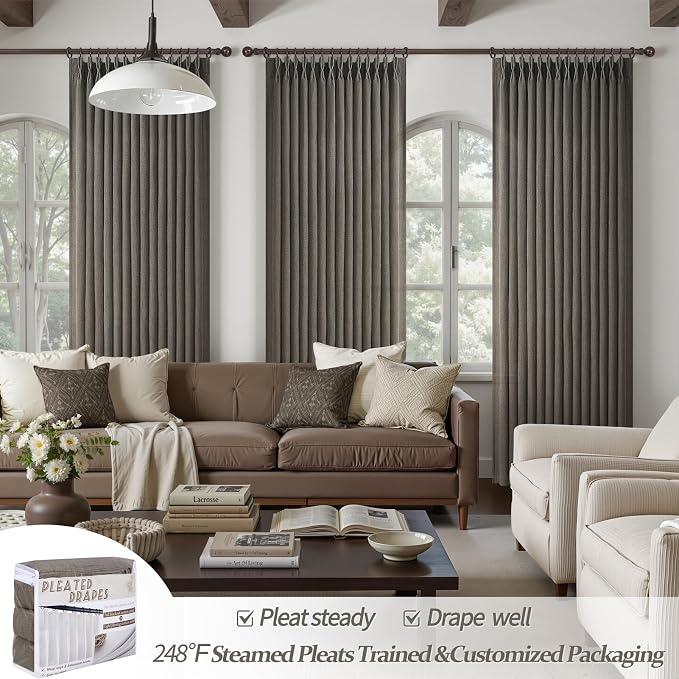 Chocolate Tart Extra Long 108 Inch Floor to Ceiling Curtains for Dining Room, Memory Shape Pinch Pleat Thick Natural Linen Modern Curtain Luxury Decor Light Filtering Window Drapes 2 Panels 9FT Length