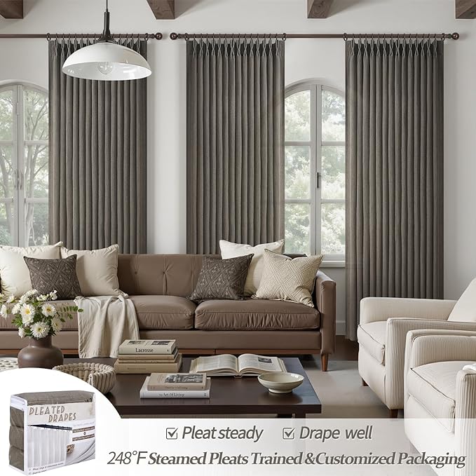 Chocolate Tart Pinch Pleat 90 Inch Bedroom Curtains 2 Panels Set, Memory Shape Natural Linen Semi Sheer Light Filtering Privacy Heavy Windows Drapes Country Dining Room Viral Curtain with Hooks Rings
