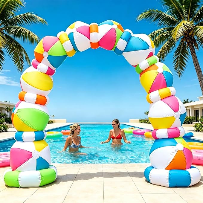 8 FT Inflatable Beach Ball Arch, Summer Inflatable Outdoor Decorations, Blow Up Beach Ball Archway with Built-in 8 LED Lights for Pool Beach Luau Party Yard Garden Photos Backdrop