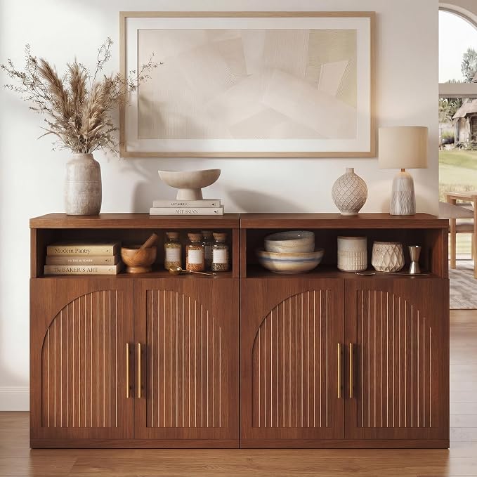 Fluted Buffet Cabinet with Storage, 31.5" Wide Wood Sideboard Credenza with Open Storage Shelf & Adjustable Shelves, Modern Kitchen Entryway Accent Table for Dining Room Living Room Hallway, Walnut