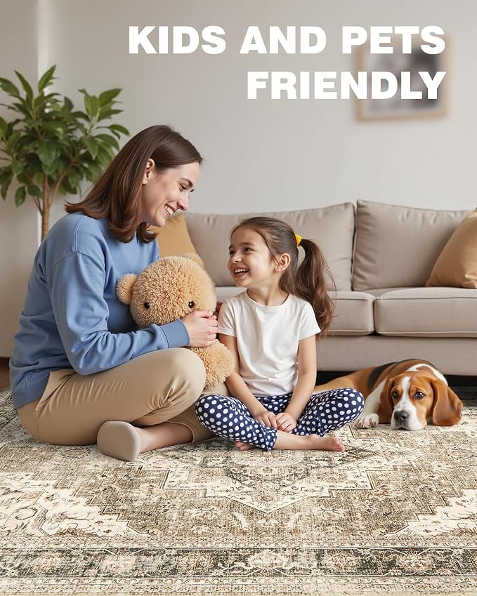 Roxstand Washable Rugs 9x12, Large Area Rugs 9x12 Living Room with Non-Slip Backing, Super-Soft Floral Vintage Rug, Low Pile Area Rug for Bedroom, Dining Room, Office (Brown/Beige, 9'x12')