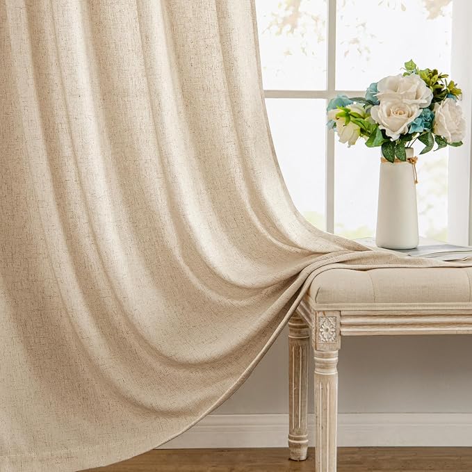 MIULEE Non-See-Through Privacy Linen Curtains 2 Panels, Light Filtering Window Curtains Farnhouse Textured Back Tab Semi Sheer Drapes for Bedroom Living Room, 52 x 108 Inches Long, Light Brown