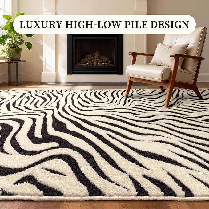 YIHOUSE 9×12 Ft Area Rugs for Living Room: Modern Washable Rug - Abstract Black and Cream White Rug for Bedroom Dining Room Office Playroom Nursery Home Decor - Nonslip Non-Shedding Striped Rugs