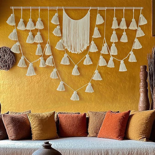 Jakalin Macrame Wall Hanging Boho Tassel Garland 57"x39" | Handmade Cotton Rope Wall Decor for Living Room, Bedroom, Nursery | Large Macrame Banner for Wedding Backdrop, Home Decoration