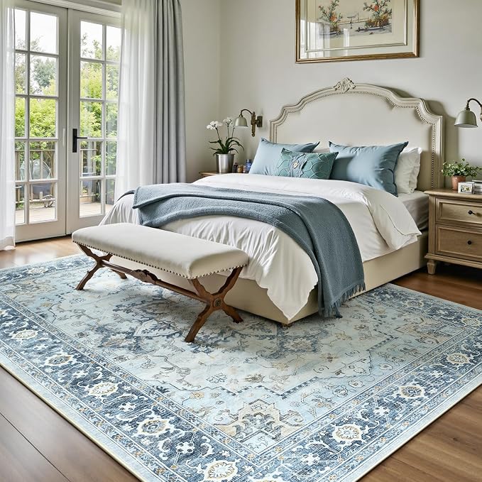 Lofus 8x10 Area Rugs for Living Room, Machine Washable Non-Slip Area Rug, Low Pile Large Rugs for Bedroom, Kitchen, Dining Room, Home Office, Vintage Oriental Print Rug, Blue Gold