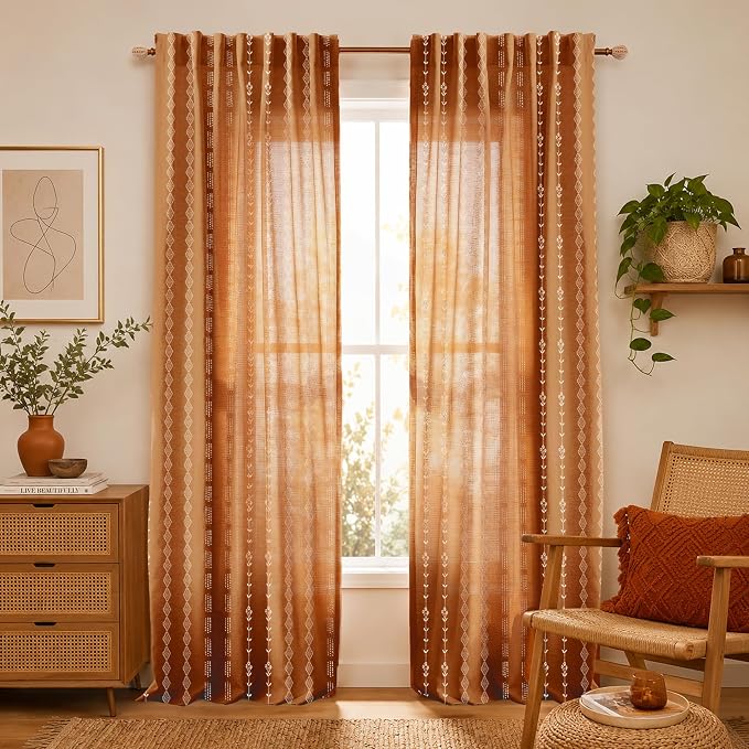 Burnt Orange Bohemian Sheer Curtains, Hippie Boho Printed Drapes for Living Room Bedroom 96 Inch Long 2 Panel Set