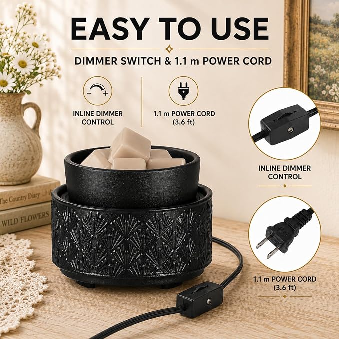 Mocosa Ceramic Wax Warmer Wax Melt Warmer for Scented Wax 3-1 Electric Candle Warmer Home Fragrance Wax Burner Perfect Christmas Gifts for Mom Women(Black-Fan Shaped)