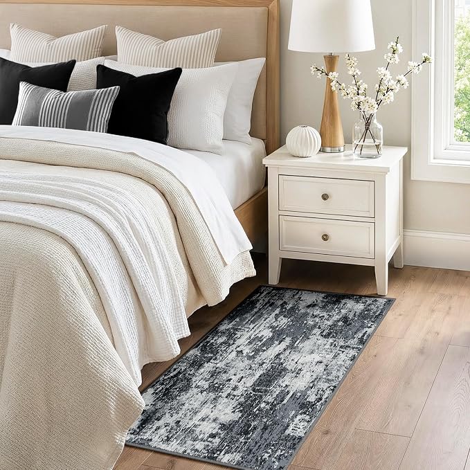 RELEANY Washable Area Rugs 2'x5' Non-Slip Modern Abstract Soft for Living Room Entryway Bedroom Kitchen, Print Pattern, Black Navy Blue Gray