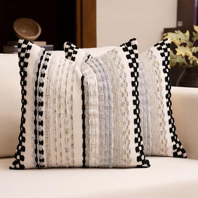 Boho Chenille Tufted Throw Pillow Covers 18x18 Inch Set of 2 Farmhouse Black Woven Striped Decorative Pillowcases for Couch Sofa Bed