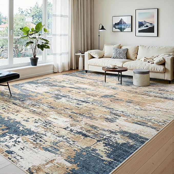 Area Rugs 9x12 Living Room: Large Soft Washable Rug Modern Abstract Anti-Skid Non-Shedding Carpet Indoor Floor Thin Carpets for Bedroom Dining Room Farmhouse Nursery Home Office Brown Blue