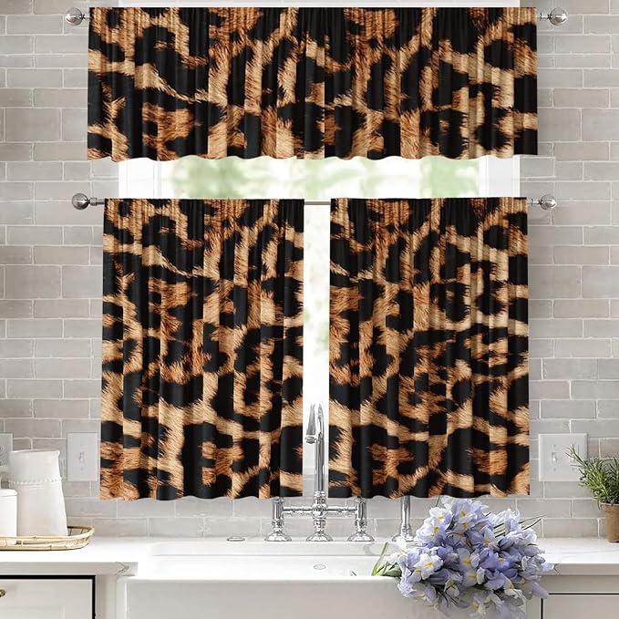 3 Set Leopard Kitchen Curtains Sets 58Wx14H+(28Wx36H)*2 for Windows Rod Pocket Christmas Kitchen Curtains Set Wild Animals Cheetah Print Farmhouse Style Window Drapes