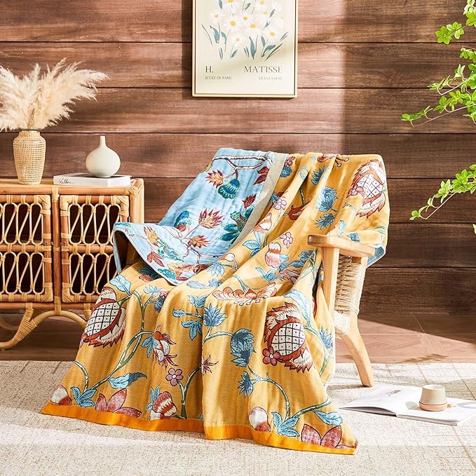 Boho Blanket Soft Muslin Boho Throw Blanket 100% Cotton Blanket All Seasons Reversible Rustic Floral Printed Vintage Rustic Farmhouse Decor Throw for Sofa Couch Chair (Yellow, 60"x80")