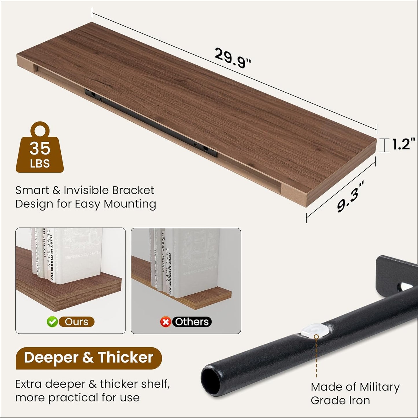 Fun Memories Floating Shelves for Wall, 30 Inch Rustic Wood Wall Mounted Shelves for Bathroom, Bedroom, Kitchen, Living Room, Deep Floating Shelves for Storage & Home Decor (Walnut, Set of 2)