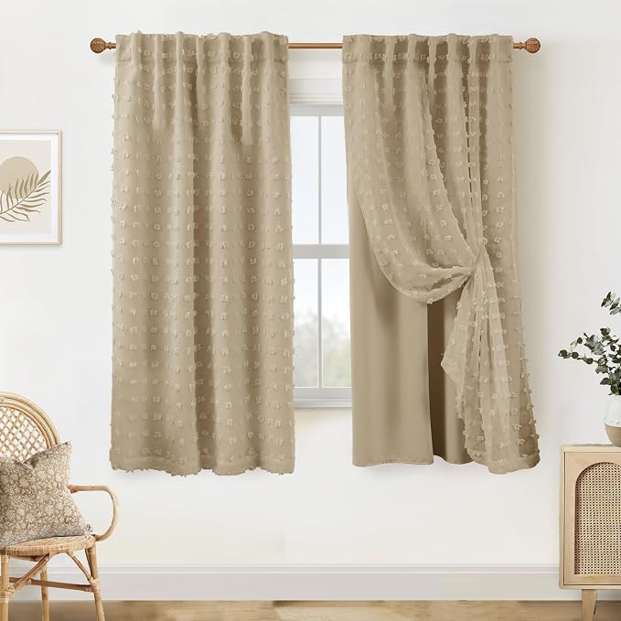Lino Rosa 63 Inch Length Back Tab Pom Pom Taupe Curtains for Girls Room Bedroom Nursery Short Blackout Curtains Double Layer