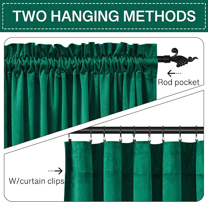 StangH Emerald Green Velvet Curtains 108 inches Rod Pocket, 2 Panels | 300GSM Rich Velvet, Holiday Christmas Decor, Thermal Insulated, Privacy Protect, Noise Absorb, Living Room