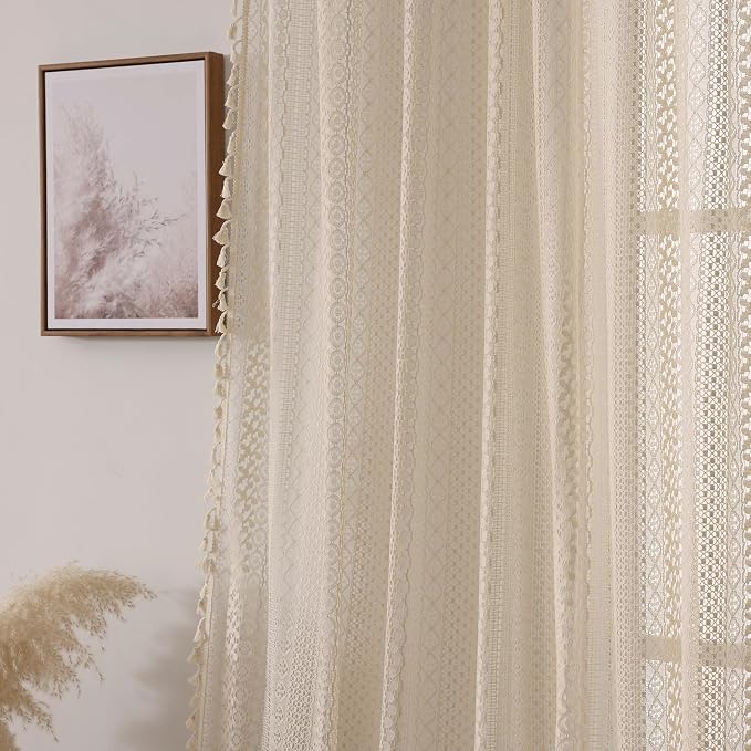 WAZZIO Boho Lace Curtains 80 Inches 2 Panel,Light Filtering Privacy Tassel & Geometry Crochet Semi Sheer Curtain Drapes for Bedroom Living Dining Room,Rod Pocket & Tassel,Vintage Farmhouse Decor,Beige