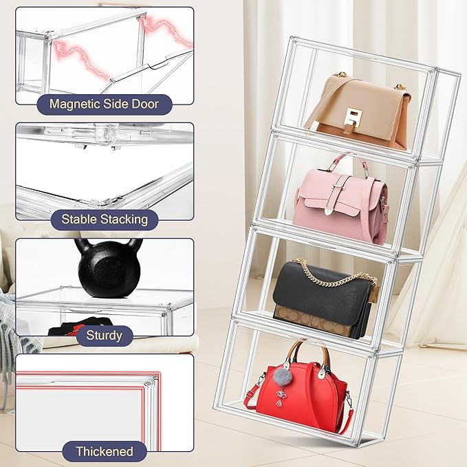 6 Pack Clear Shoe Boxes Sneaker Storage Organizer Box for Closet Stackable Handbag Organizer Acrylic Display Shoes Case with Lid Storage Box for Boots,Book,Collectibles,Figures,Shoes,Cosmetic,Size 14