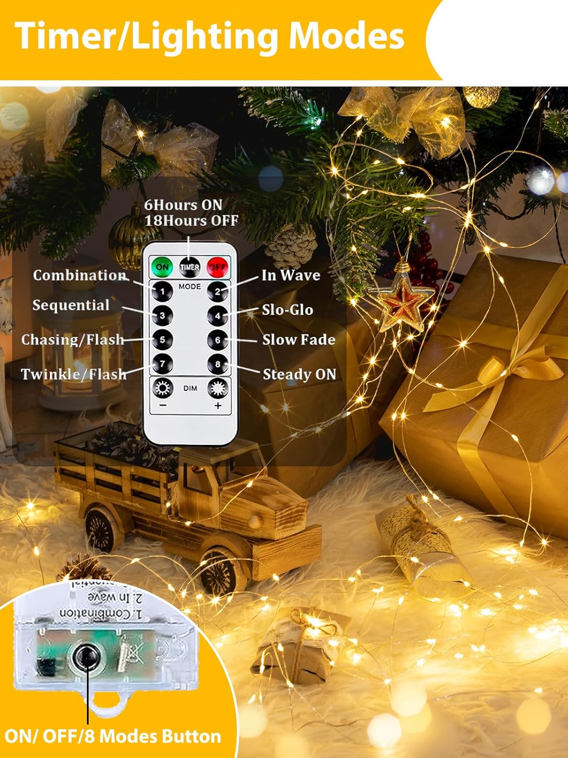 3 Pack 60LED Battery Operated Fairy Lights with Remote, 8 Modes LED String Lights with Timer, Dimmable, Memory Function, Waterproof Twinkle Fairy Lights for Outdoor Indoor Christmas Decor(Warm White)