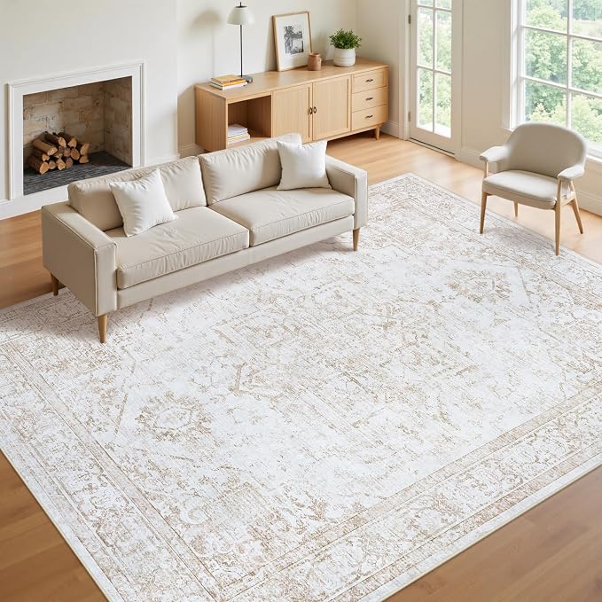 9x12 Area Rugs for Living Room:Beige Washable Vintage Medallion Rug Non-Slip Soft Low Pile Large Rugs Indoor Retro Carpet for Bedroom Kitchen Nursery Dining Table Office (Beige, 9'x12')