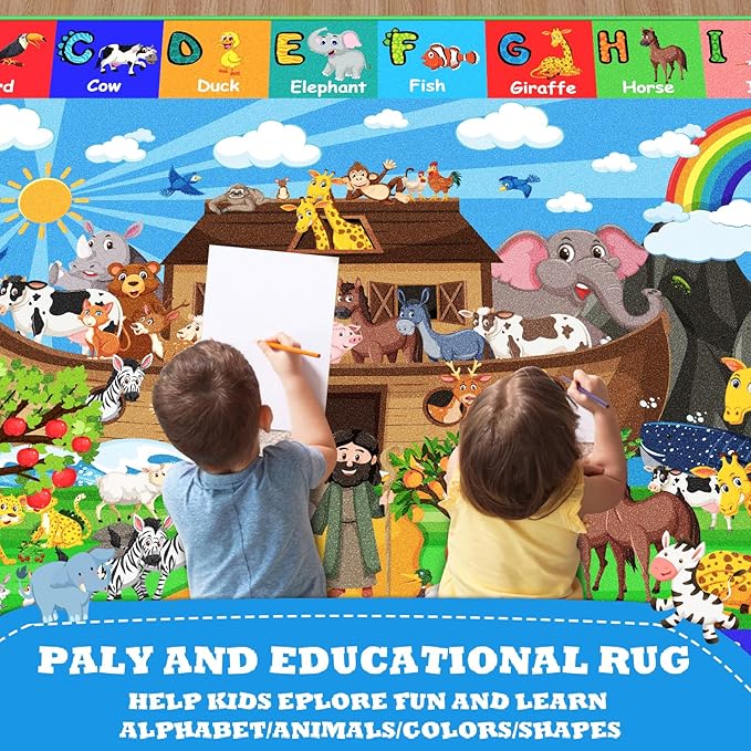 ABC Kids Rug for Playroom 59×39.4 in Noah's Ark Animals Rug Play Mat Alphabet Mat Shape Color Classroom Carpet Kids Playroom Early Learning Carpet for Preschool Tummy Time