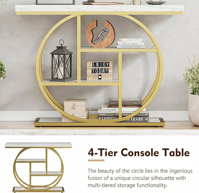 41.3" Console Table, Modern Sofa Table with Circle Base, 4-Tier Narrow Entryway Table for Hallway, Slim Industrial Accent Table with Storage Shelves for Living Room, White & Gold