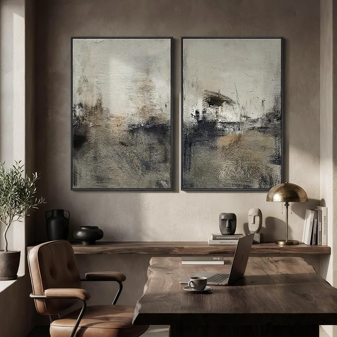 Large Framed Neutral Abstract Wall Art Set of 2 for Living Room, Wabi Sabi Modern Minimalist Black Grey Canvas Artwork for Walls, Rustic Abstract Painting Print Wall Decor for Bedroom Office, 24x36 In