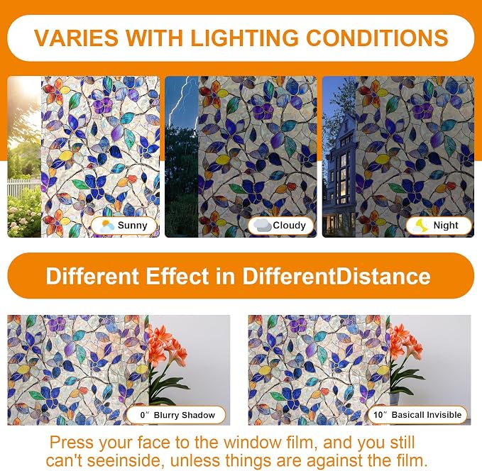 COUNTEWOL Window Privacy Film with Installation Tools Home Decorative Colored Glass Window Stickers Reusable electrostatic Rainbow Stickers (Stained Leaf, 17.5 x 78.7 in)
