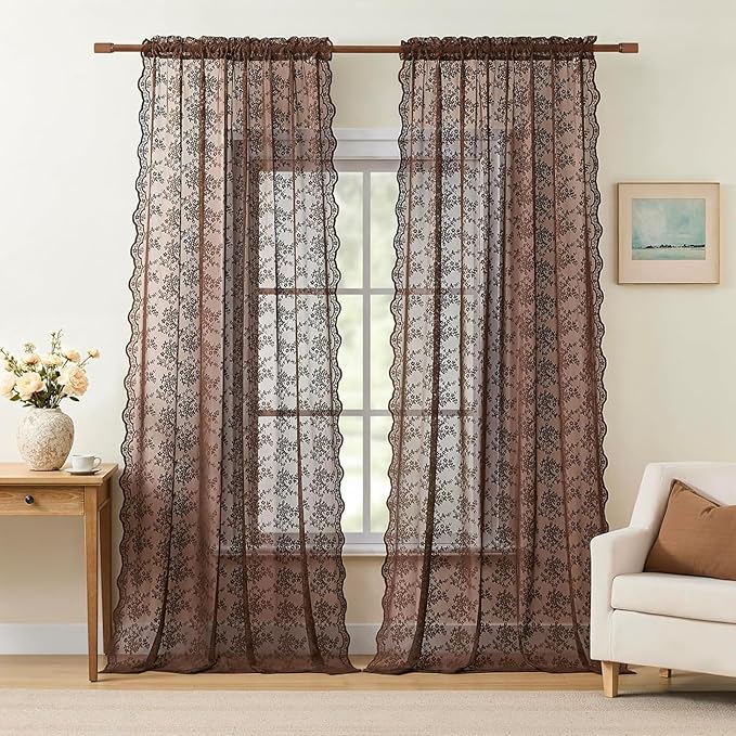 YJ YANJUN Vintage Lace Curtains 90 Inches Long-Victorian Floral Boho Brown Sheer Curtains for Living Room Bedroom, Light-Filtering Rustic Farmhouse Window Treatment, Chocolate 2 Panels 52W x 90L