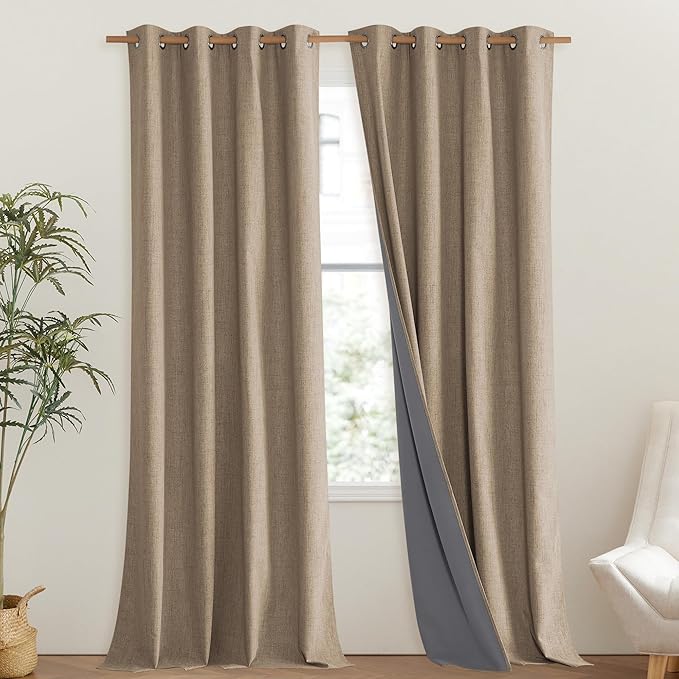NICETOWN Burlap Vintage Open Linen Weave Flax Thermal Curtains, 100% Blackout Curtains 108" Long for Dining Room, Soundproof Window Treatment Drapes for Hall Room, 52" Wide Per Panel, Set of 2