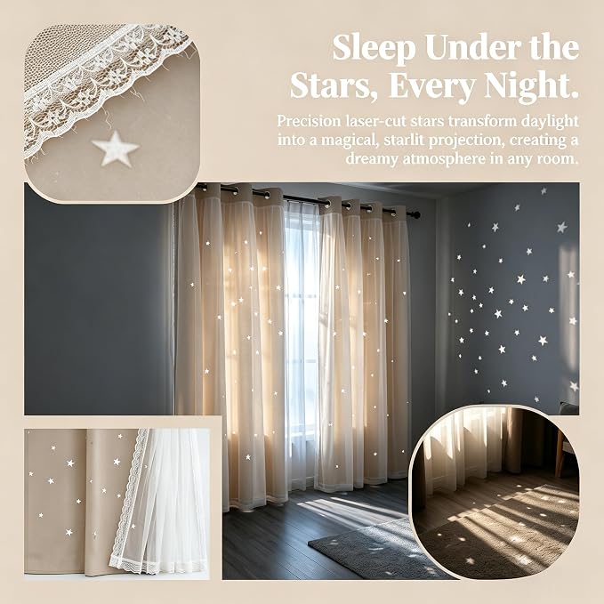 Kids Blackout Curtains for Bedroom/Living Room/Classroom, Sheer Overlay 2 Panel Set, Double Layer Curtains with Star Cutout for Kids Room(Each Piece W 70 x L 95 Inches 2 Pcs Beige)