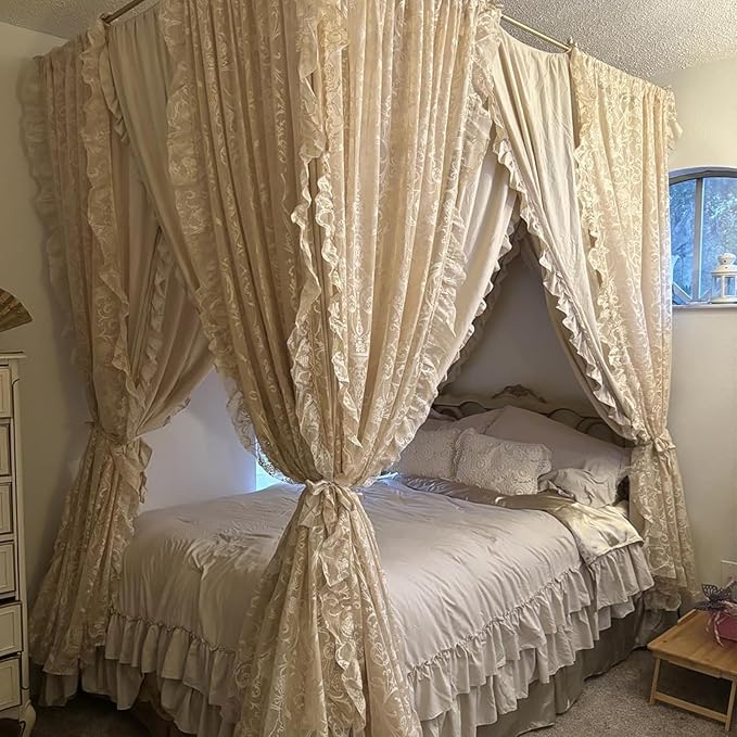 TUDECO Beige Lace Curtains 84 Inches Long - Vintage Ruffle Sheer Curtains for Living Room, Farmhouse Flowy Flower Rod Pocket Fluffy Aesthetic Art Decor 1 Pair, 59 x 84 Inch, Natural Beige