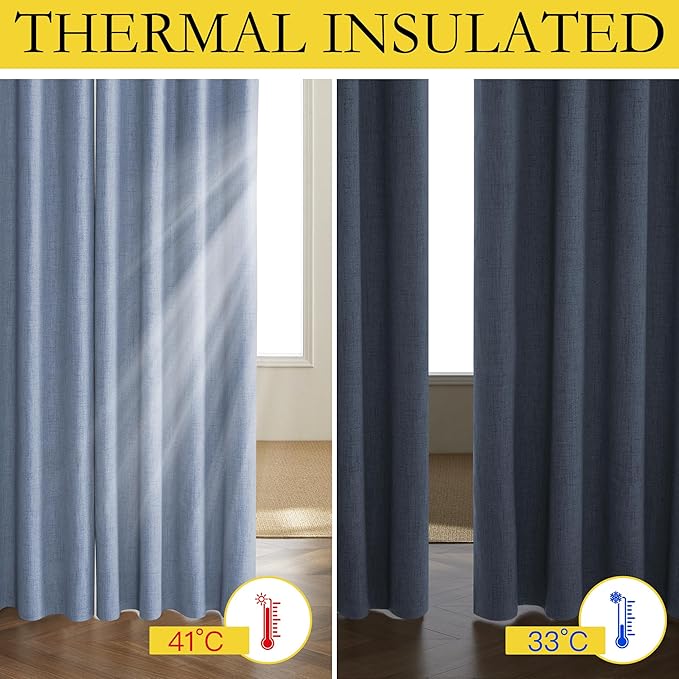 NICETOWN Stone Blue Vintage Linen 100% Blackout Curtains for Living Room, Thermal Insulated Curtains 72" Long, Noise Reducing Window Treatment Drapes for Hall Room, 52" Wide Per Panel, Set of 2