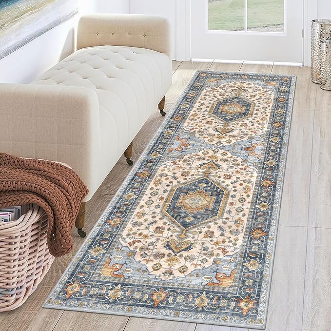 KUTA Runners for Hallways 2x6 Ivory Blue, Vintage Floral Kitchen Rugs Non-Slip Washable Runner Ultra Soft Printed Retro Flower Carpet Entryway Rug for Bedroom Laundry Nursery Entryways
