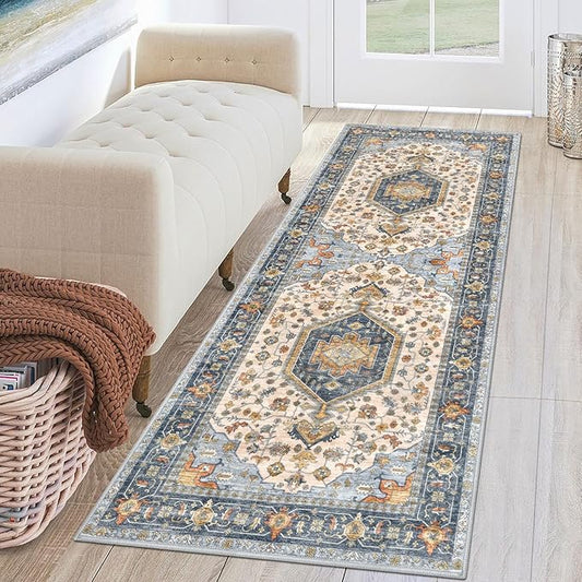 KUTA Runners for Hallways 2x6 Ivory Blue, Vintage Floral Kitchen Rugs Non-Slip Washable Runner Ultra Soft Printed Retro Flower Carpet Entryway Rug for Bedroom Laundry Nursery Entryways