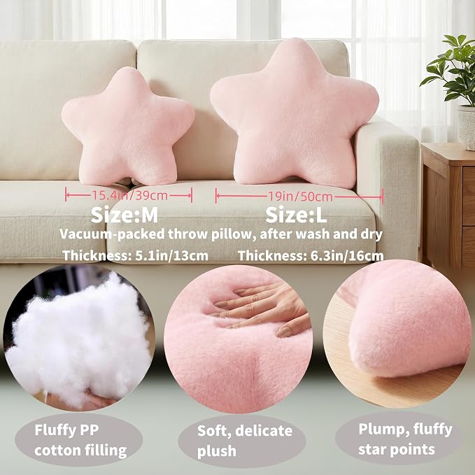 19 Inch Large Star Shaped Pillow Cute Pink Decorative Throw Pillows for Couch Bed Sofa, Aesthetic Soft Faux Fur Floor Cushions for Living Room Bedroom Decor (Pink, 19" x 19")