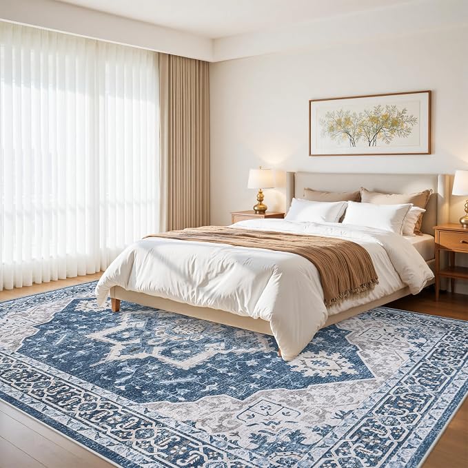 9x12 Area Rugs for Living Room:Blue Washable Vintage Medallion Boho Rug Non-Slip No Slip Stain Resistant Soft Low Pile Large Rugs Indoor Retro Carpet for Bedroom Nursery Dining Office (Blue 9'x12')