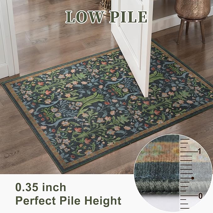 Tangsoo Green Washable Entry Rug, 2x3 Small Area Throw Rugs for Entryway Non Slip, Vintage Floral Thin Rug for Kitchen Bedroom, Low Pile Floor Carpet Front Door Mat for Entrance Bathroom Foyer Decor