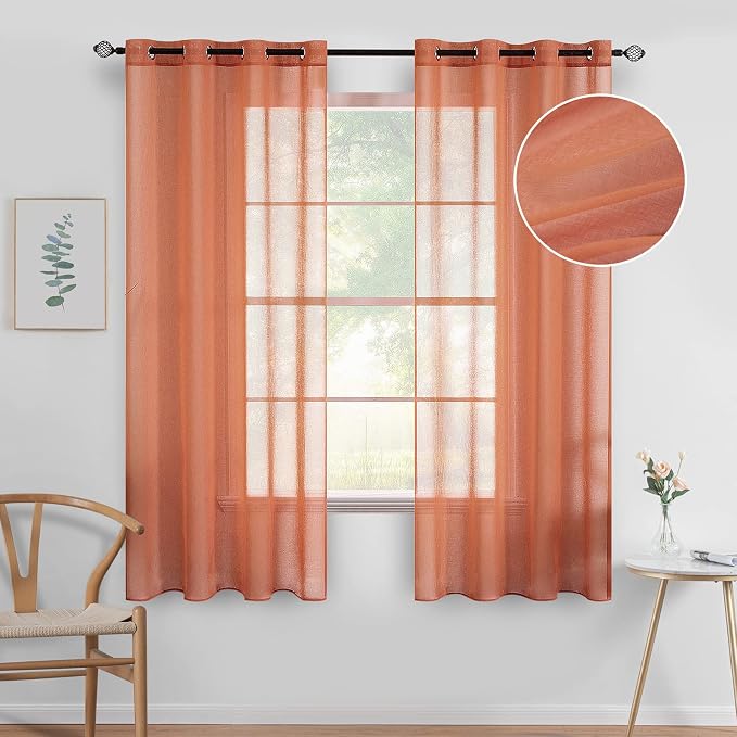MIULEE 2 Panel Burnt Orange Semi Sheer Window Curtains - Elegant Grommet Top Voile Panels/Drapes/Treatment Linen Textured for Bedroom, Living Room - Fall Decor (54X63 Inches)