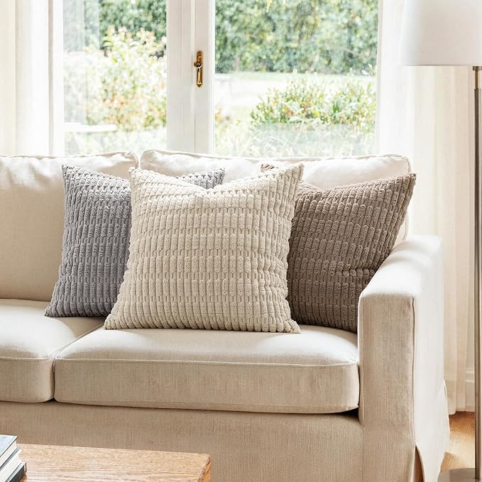 MIULEE Pack of 2 Corduroy Decorative Throw Pillow Covers 18x18 Inch Soft Boho Striped Pillow Covers Modern Farmhouse Home Decor for Sofa Living Room Couch Bed Light Brown