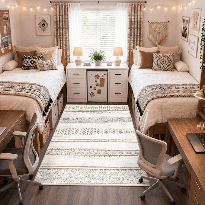 BESTSWEETIE 4x6 Area Rugs for Living Room Washable Moroccan Farmhouse Neutral Geometric Low Pile Non-Slip Soft Print Pattern Rug for Bedroom Kitchen Dining Room Entryway Cream/Brown/Pink