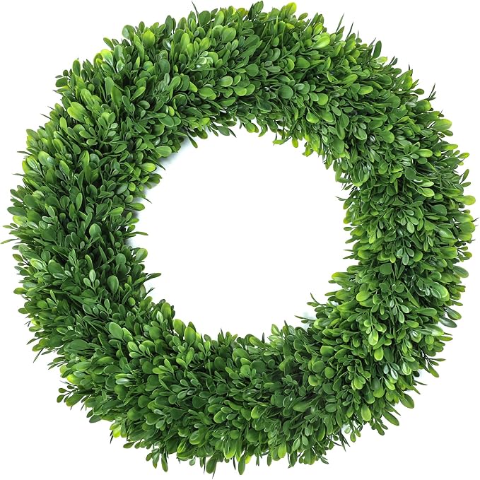 26Inch Boxwood Wreaths for Front Door，Summer Wreaths for Front Door Outside Realistic，Front Door Wreath Outside All Season，Artificial Green Wreath for Farmhouse Porch Wall Wedding Room Home Decor