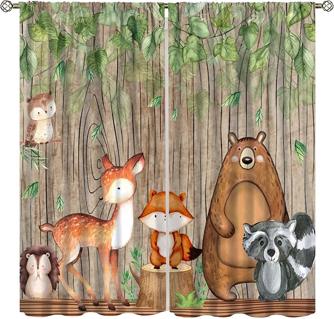 YCness Forest Animal Kids Curtains, Wild Rustic Bear Fox Deer Children Cartoon Window Treatments for Living Room, Watercolor Woodland Animal Blackout Drapes 2 Panel Sets,42x45 Inch, Style-7