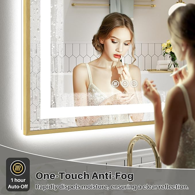55x30 Inch LED Bathroom Mirror with Gold Frame, Backlit & Front Lit, Anti-Fog Lighted Bathroom Vanity Mirror for Wall, Memory Function, Dimmable, HD Tempered Glass, Shatter-Proof