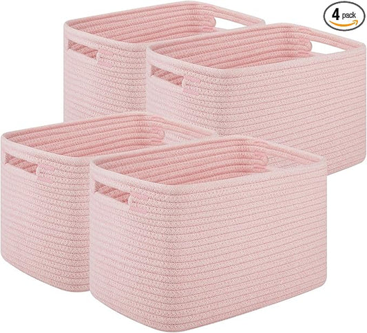 OIASKET Storage Baskets for Organizing, Woven Decorative Baskets for Shelves - Books, Towels, and Clothes, Cotton Rope Toy Storage Bins, 12.7''Lx9''Wx7.8''H, Pack of 4, Pink