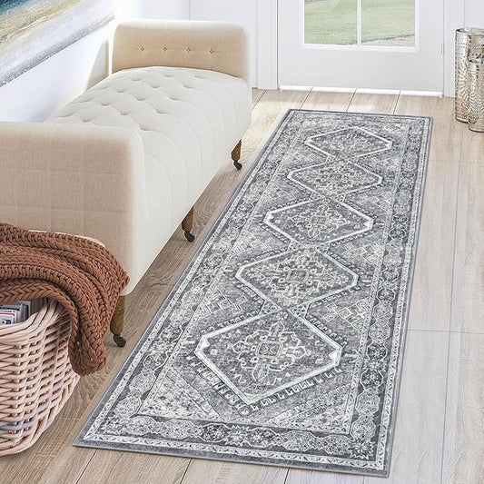 KUTA Oriental Washable Runner Rug, 2x6 Runners for Hallways Non-Slip Vintage Grey Kitchen Rugs Ultra Soft Printed Distressed Tribal Farmhouse Carpet for Laundry Bedroom Living Room