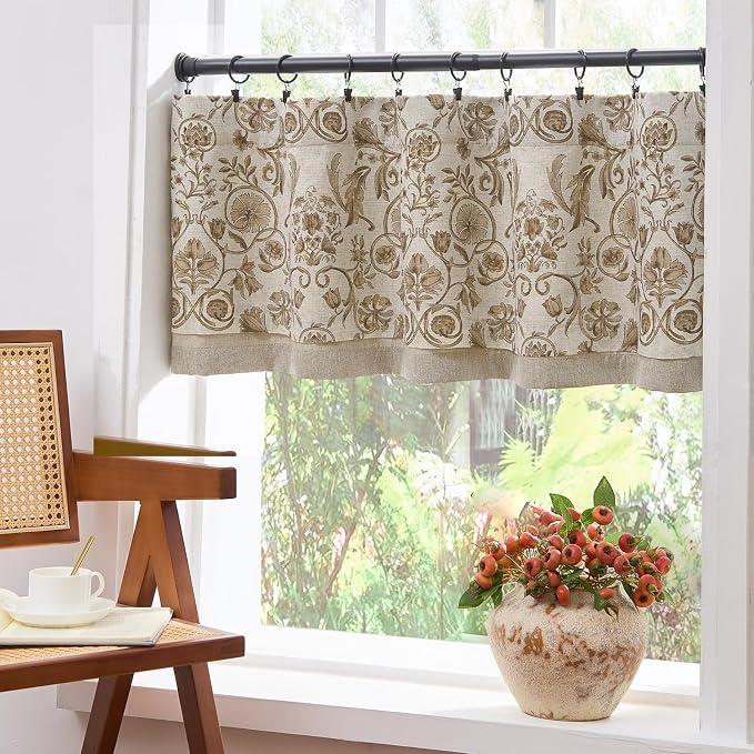 jinchan Linen Valance Kitchen Curtain for Windows Double Layer 18 Inch for Living Room Bedroom Window Treatment Light Filtering Vintage Rustic Farmhouse Cottagecore Rod Pocket 1 Panel Taupe on Beige