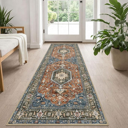 KUTA Washable Runner Rug, 2x5 Runners Non-Slip Vintage Brick Red 5ft Hallway Kitchen Rugs Ultra Soft Printed Tribal Farmhouse Carpet for Bedroom Entryway Decor